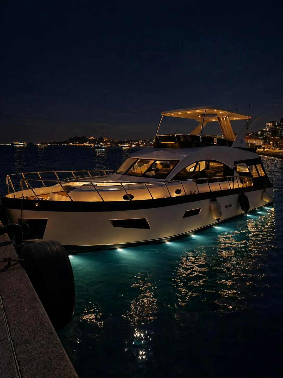 Private Bosphorus yacht illuminated beside the pier at night